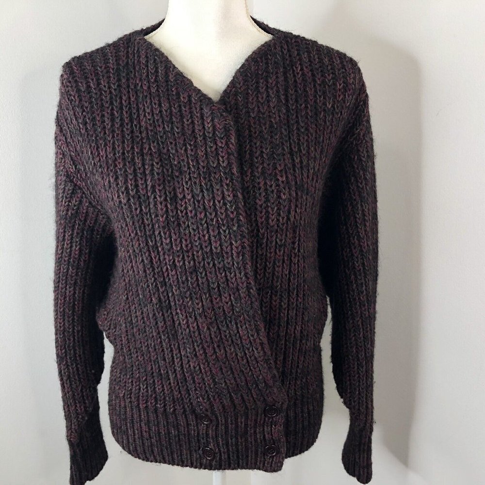 Vtg PGE Womens Cardigan Sz M Wool Mohair Chunky Sweater Open Top Button Bottom